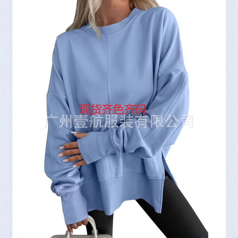 European and American Cross-Border Amazon Temu Popular Loose Sweatshirt with Side Slits and Round Neck Bat Sleeves Fleece-Lined Top