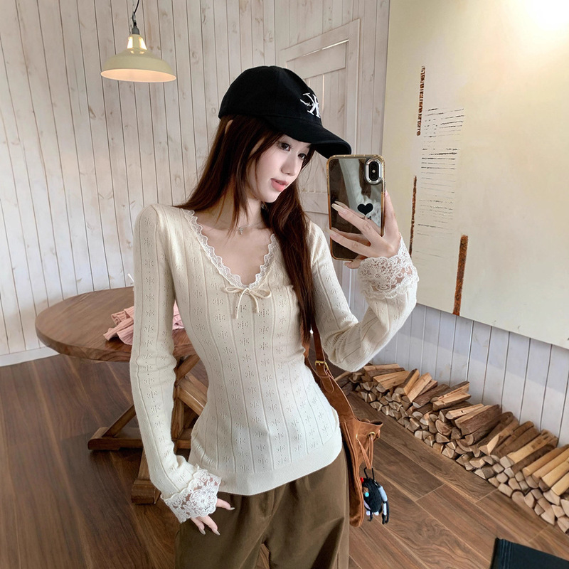 Korean Lace Bow V-Neck Long-Sleeved T-Shirt for Women 2025 Autum New Design Layered Slim Bottoming Top
