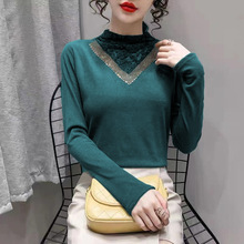 280克双面德绒半高领打底衫女秋冬新款长袖蕾丝拼接修身百搭上衣