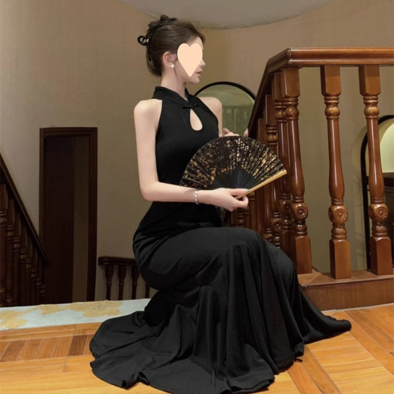 Chinese-Style Lotus Petal Design Fishtail Elegant Black Summer National Style Cheongsam Slim Long Dress
