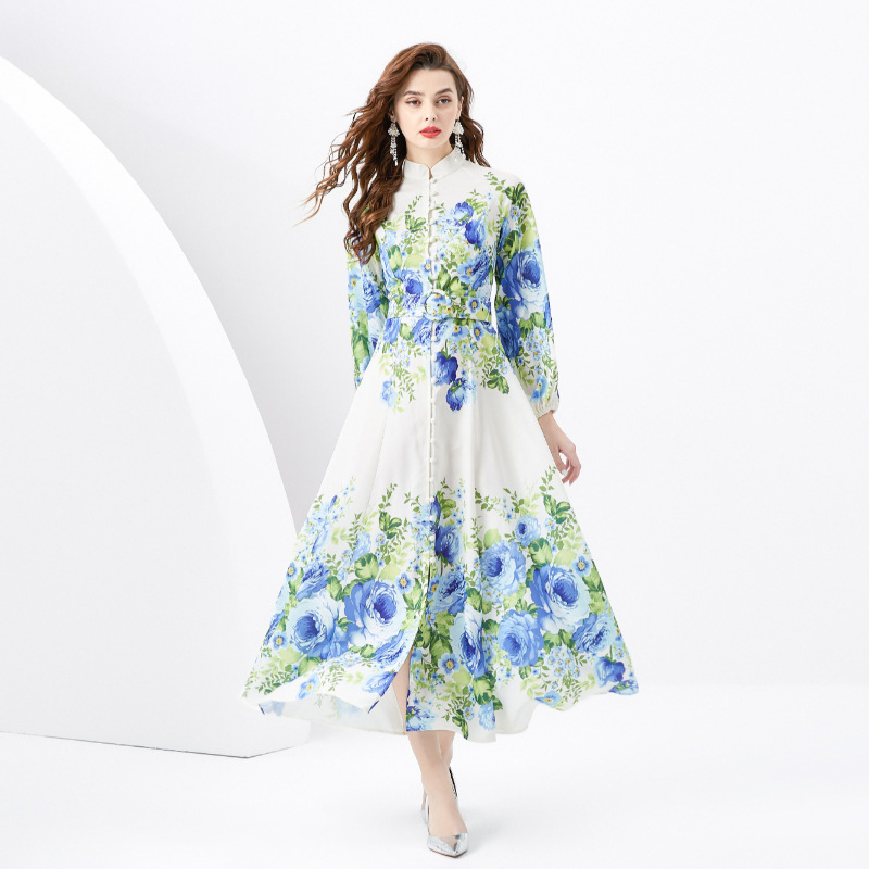 6235 Real Shot Spring and Summer New Women's Holiday Style Stand Collar Lantern Sleeve Retro Printed Long Skirt Dress with Large Hem