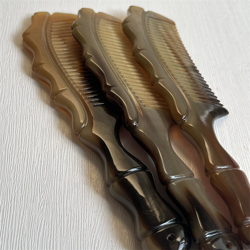 Horn Comb with Bamboo Joint Handle Hand Carved Fine Teeth Guasha Meridian Massage Comb 20cm overview