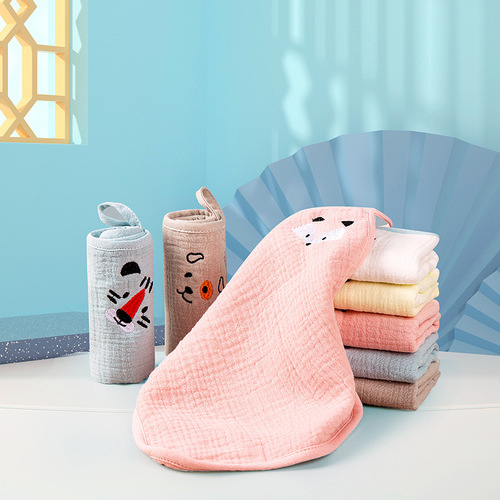 Crepe cotton gauze square towel baby face towel six-layer embroidery kindergarten mouth towel infant saliva towel