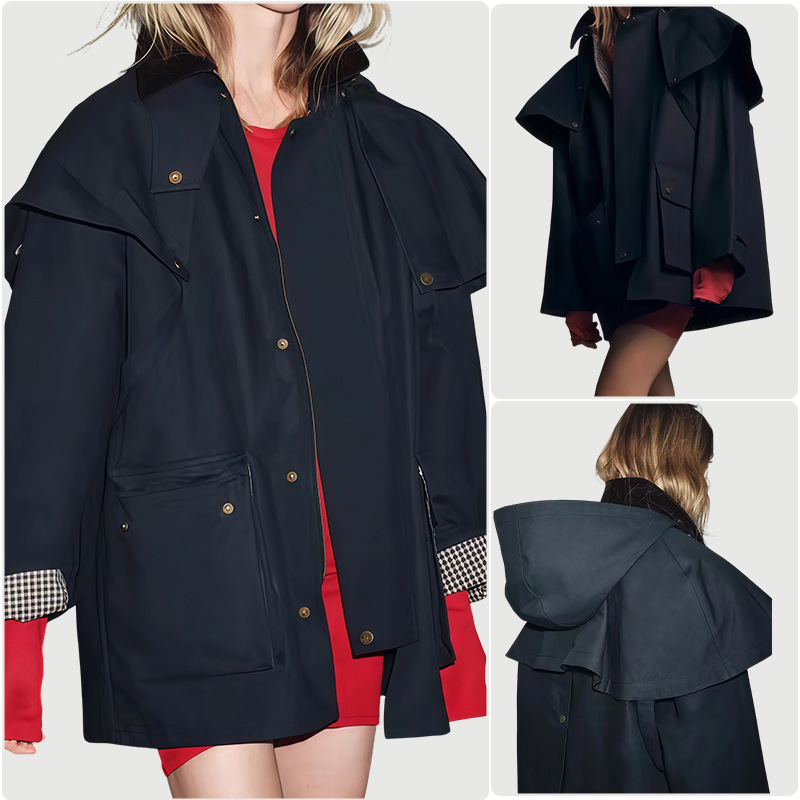 Black Jacket 2025 Autumn New Loose Casual Long Sleeve Detachable Cape Hat Jacket Women