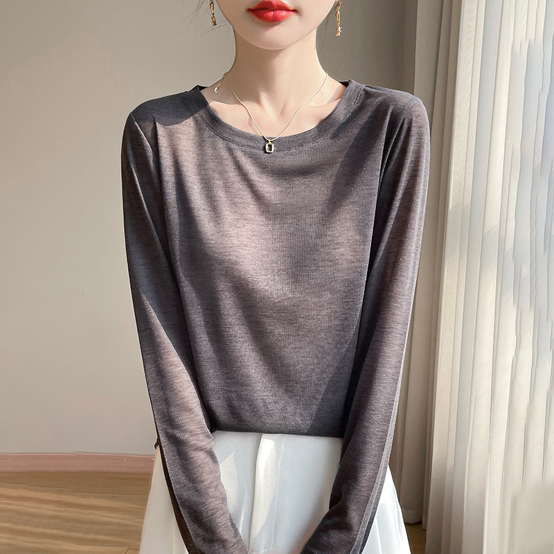 ラウンドネックテンセルコットンTシャツレディース長袖ゆったり微透けトップス新作スリムベーシックインナーニットボトムシャツ|undefined