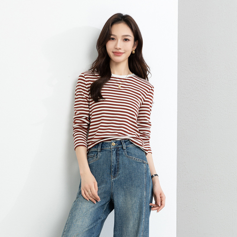 Yifei Striped Long-Sleeved T-Shirt with Tencel Wool Top Inside, 2026 Spring New Style Elastic Slim-Fit Women's Base Shirt Yifei Striped Long-Sleeved T-Shirt with Tencel Wool Top Inside, 2026 Spring New Style Elastic Slim-Fit Women's Base Shirt