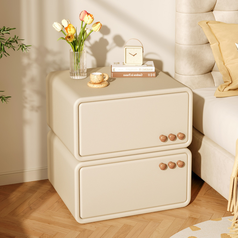 Madera maciza mesita de noche nueva simple casa moderna mesita cuero pequeño dormitorio luz lujo crema estilo armario