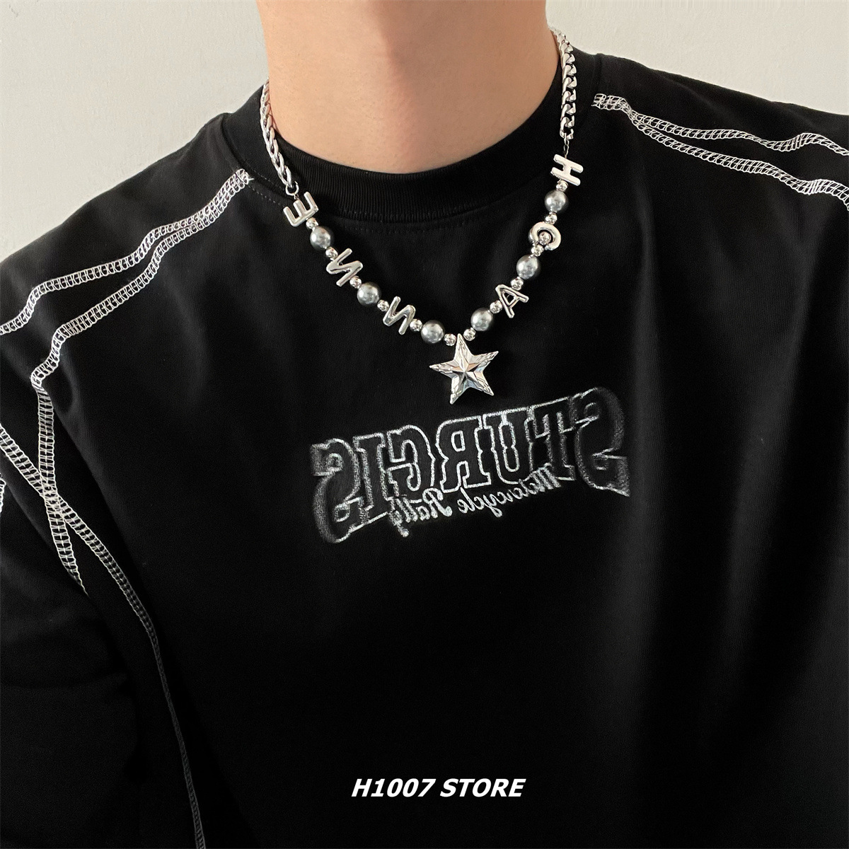 五角星のアルファベットの真珠はネックレスの男の小さい大衆をつなぎ合わせて軽くて豪華なinsヒップホップの欧米の個性の衛衣の鎖の女性をつなぎます。