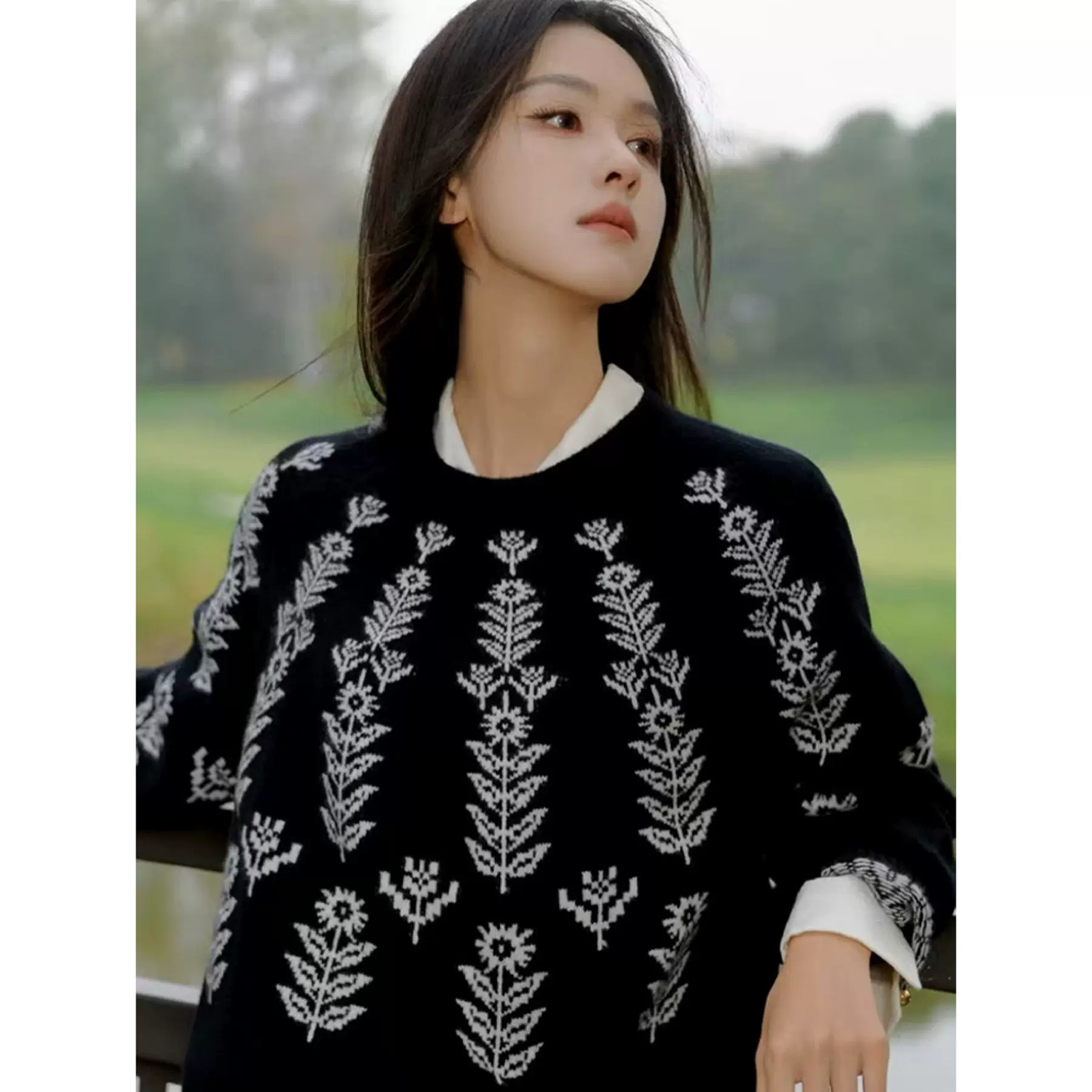 四媛 复古费尔岛植物花卉提花绵羊毛针织套头毛衣保暖上衣女9455