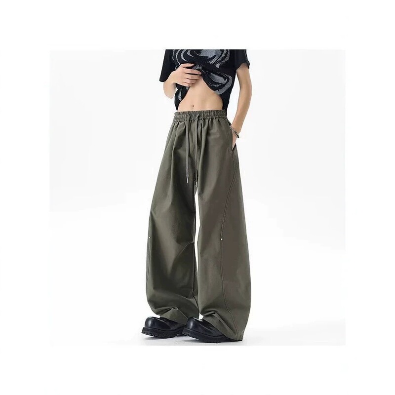 American-Style Diagonal Cut Pleated Casual Pants for Men and Women, Summer High Street Design, Loose Straight-Leg Casual Hip-Hop Sweatpants