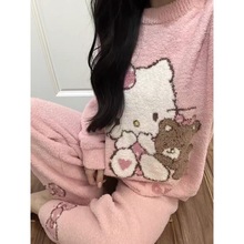 甜美少女凯蒂猫半边绒睡衣女士秋冬季新款加绒加厚保暖家居服套装
