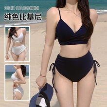 韩国纯色比基尼修身交叉聚拢高腰遮肚绑带收腰分体泳衣女运动款