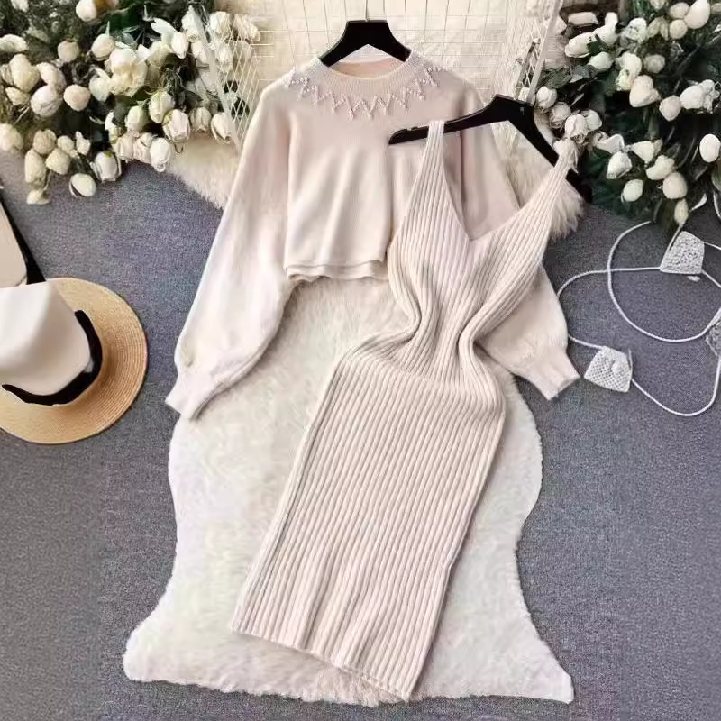 Women's Clothing temperament celebrity beaded high waist two piece sweater dress 2024 autumn and winter new knitted sweater suspender dress_voghion.com