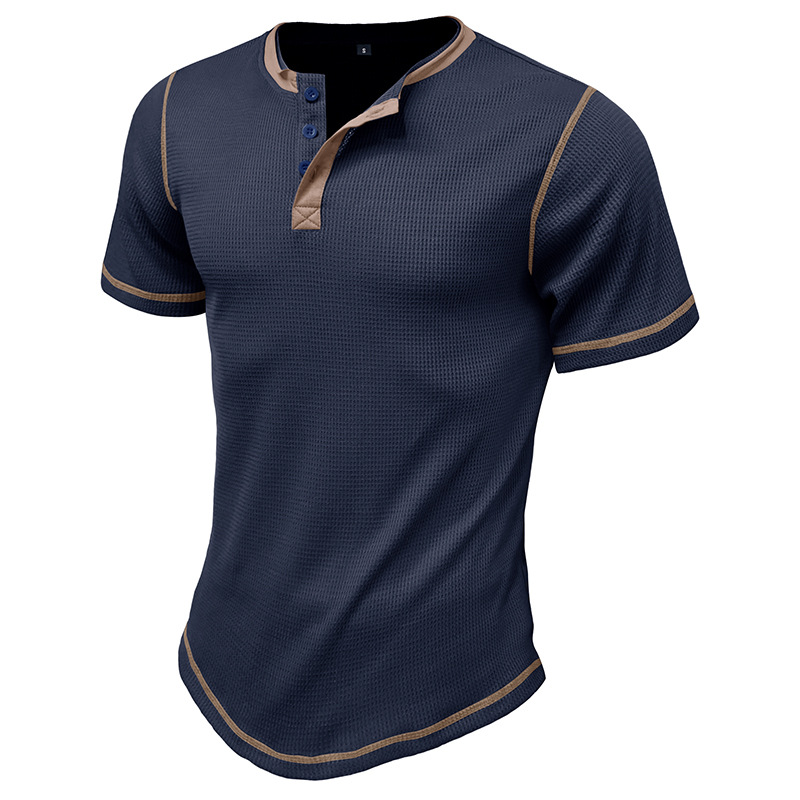 Herren 2023 Sommer Kurzarm Henley Shirt Schönes lässiges Retro T-Shirt Waffel Farbblock Rundhalsshirt_voghion.com