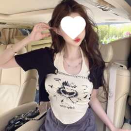 罗纹甜辣妹不规则个性印花挂脖吊带背心外搭短袖T恤两件套夏季ins