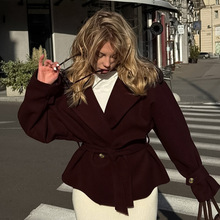 欧美秋冬复古设计感系带收腰长袖西装领通勤气质毛呢外套女高级感