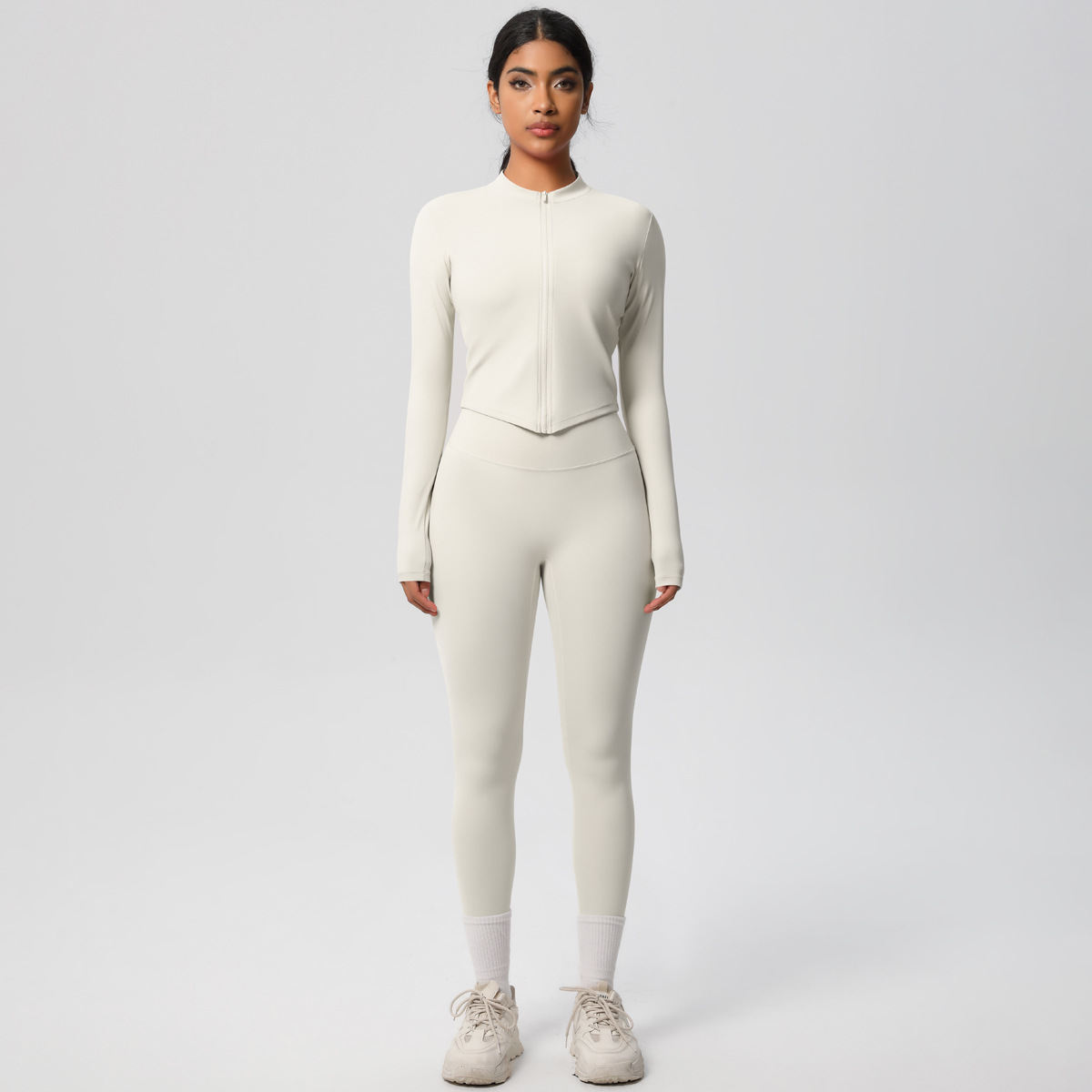 国境を越えた欧米の新型毛磨き裸感修身運動ファスナー長袖高腰ズボンセットフィットネスヨガセット