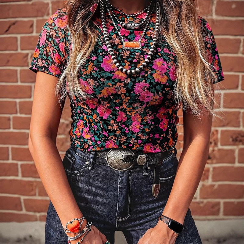 Independent Website Cross-Border Hot-Selling Summer New Mesh Pullover Women's European and American Casual Versatile Printed Short-Sleeve T-Shirt