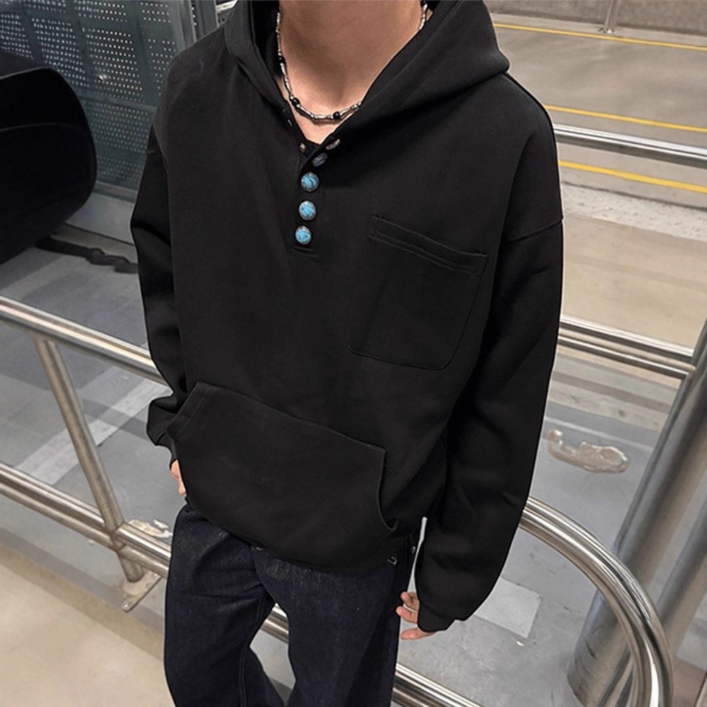 Retro Turquoise Hoodie For Men With Buttons And Hood_voghion.com