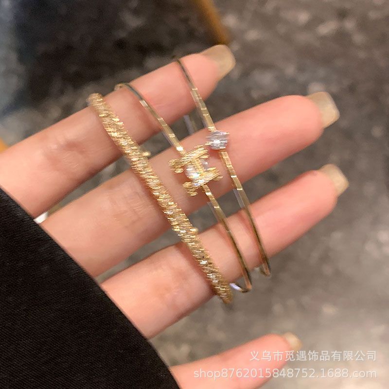 3-Piece Set of Real Gold Electroplated Accessible Luxury Style Zircon Letter H Geometric Open Bracelet Personalized High-End Elegant Hand Jewelry for Women