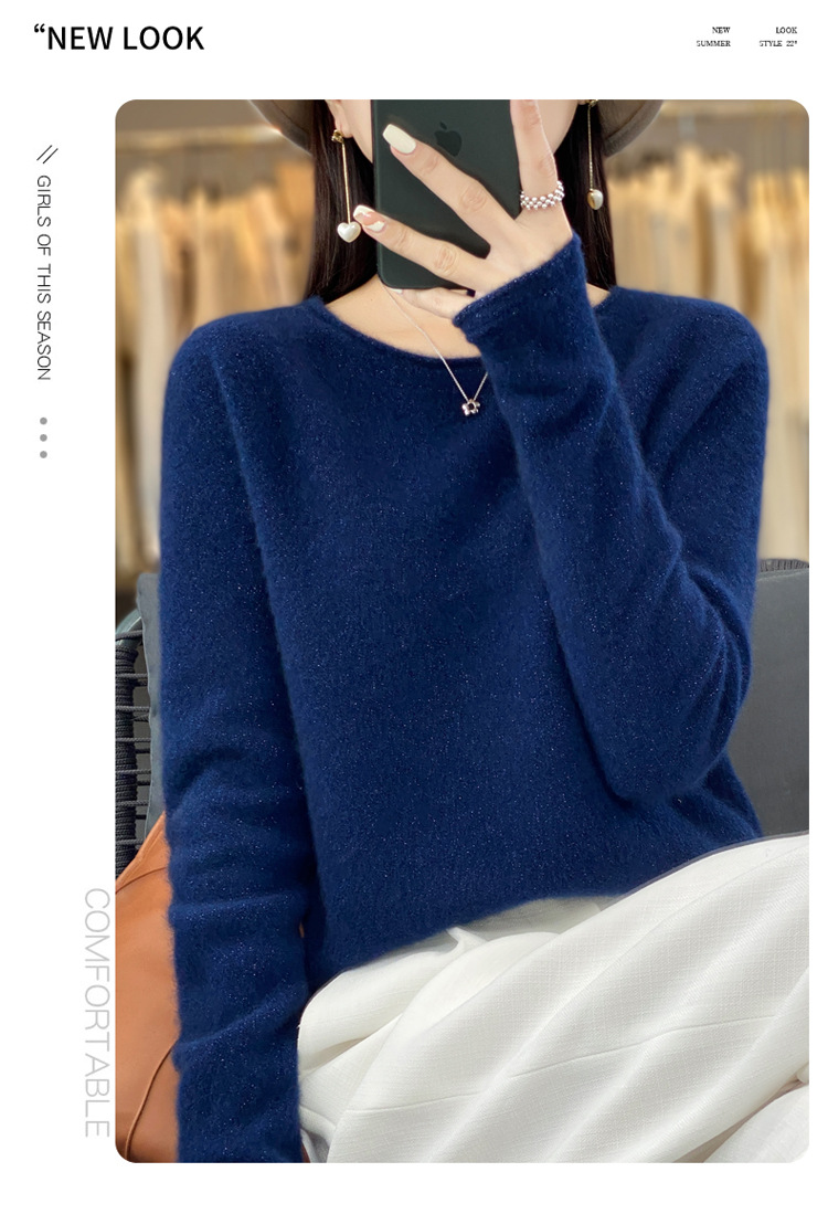 2023年秋冬新款韩版女士纯羊毛圆领卷边长袖纯色套头打底羊毛衫详情16