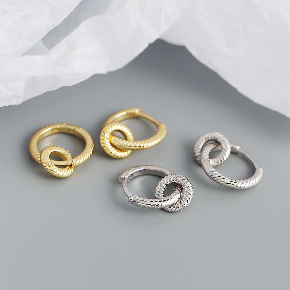 Fashion Style Yhe0380 S925 Silver Metal Wind Circle Rotating Retro Exaggerated Ear Buckle Silver Earrings