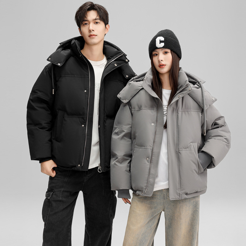 High end couple fashion down jacket with 90 duck down, super thick insulation hood, high fluffiness, trendy brand bread jacket for winter