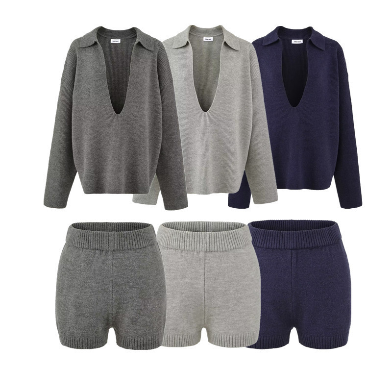 American-Style Loose and Lazy V-Neck Long-Sleeved Knitwear with Slim-Fitting Hip-Hugging Bottoming Knitted Shorts Suit for Women in Winter