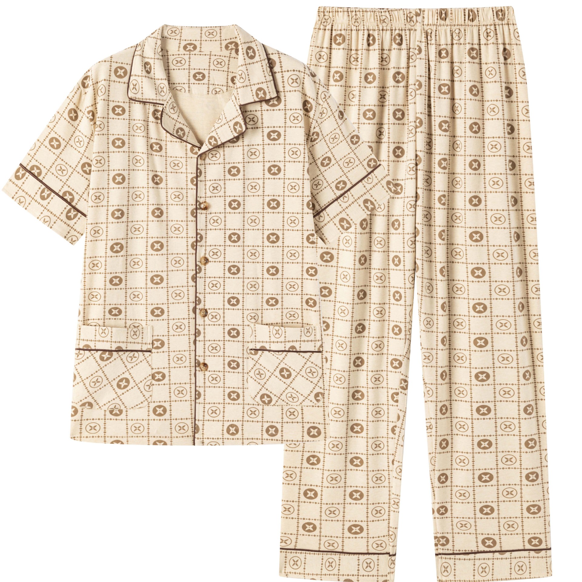 컬러풀한 면 소재 남성용 가디건 반팔 긴바지 홈웨어, 순면 남성용 가디건 잠옷, 부드럽고 편안하며 루즈한 핏