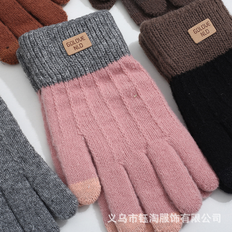 羊のキャメルのニットのタッチパネルの手袋の女性は全部指の保温が厚いです。|undefined