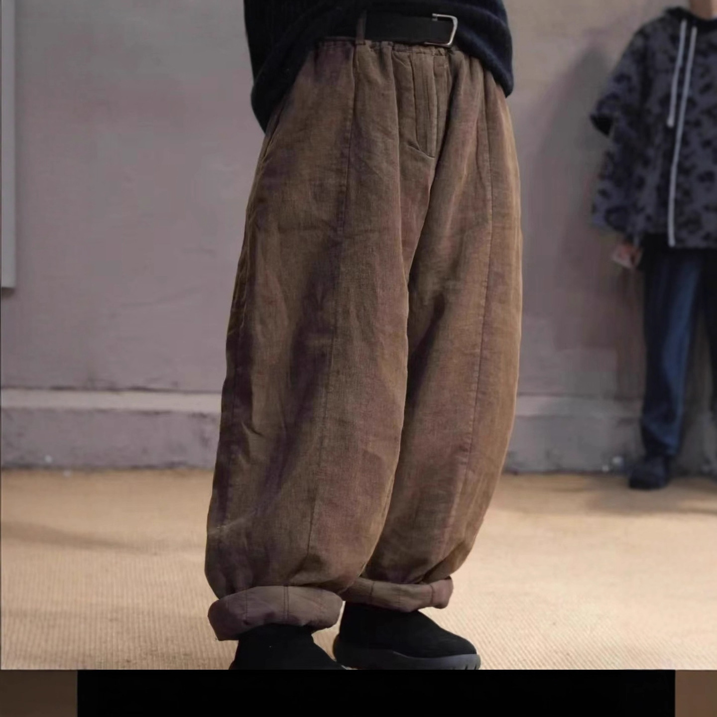 高端个性复古嘻哈风棉裤女新品麻料炒色做旧加棉老爹裤保暖棉裤女