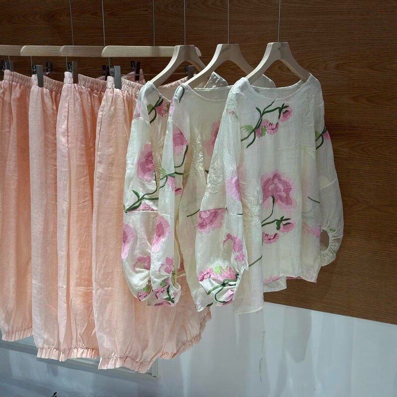 2026 Summer New Style Ramie Embroidered Floral Long-Sleeve Set for Women, Loose Artistic Casual Top and Pants