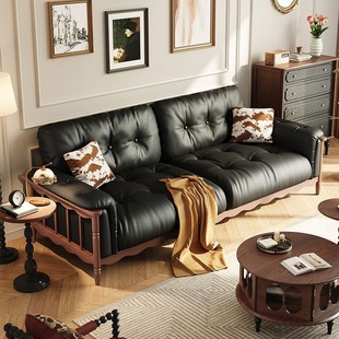 Brown Sugar Cloud Ash Wood Mid-Century Style Solid Wood Sofa Living Room Black French Retro Straight Sofa Villa Sofa