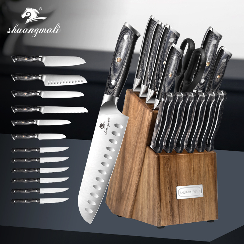 Cuchillos de cocina de exportación de acero inoxidable de doble caballo 15 piezas de asiento de cuchillo de madera acacia con afilador de cuchillo conjunto de cuchillos de comercio exterior