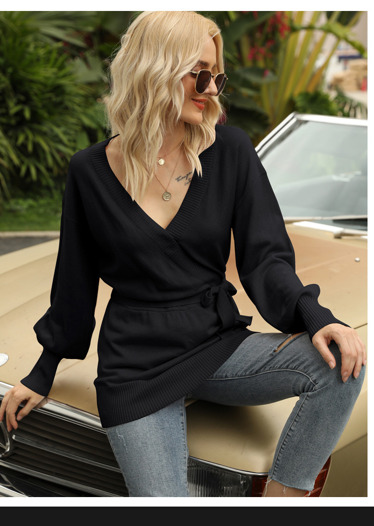 solid color V-neck long-sleeved lantern sleeve pullover sweater nihaostyles clothing wholesale NSYH86762