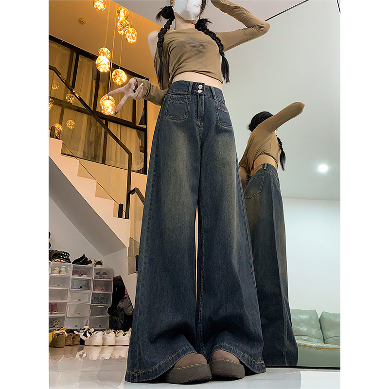 Cement Grey American Wide Leg Jeans Women's 2024 Autumn and Winter fleece-lined Loose High Waist Loose Slimming plus size Floor