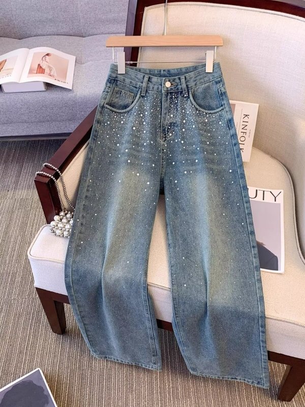 重工のホットドリルのワイド脚のジーパンの女性の秋の高い街のinsの潮の高い腰のペンダント感のゆったりしたストレートのモップのズボン|undefined