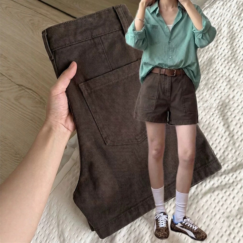 American Retro Brown Coffee-Colored Workwear Denim Shorts for Women 2026 Summer Thin New High-Waisted Simple Casual Hot Pants