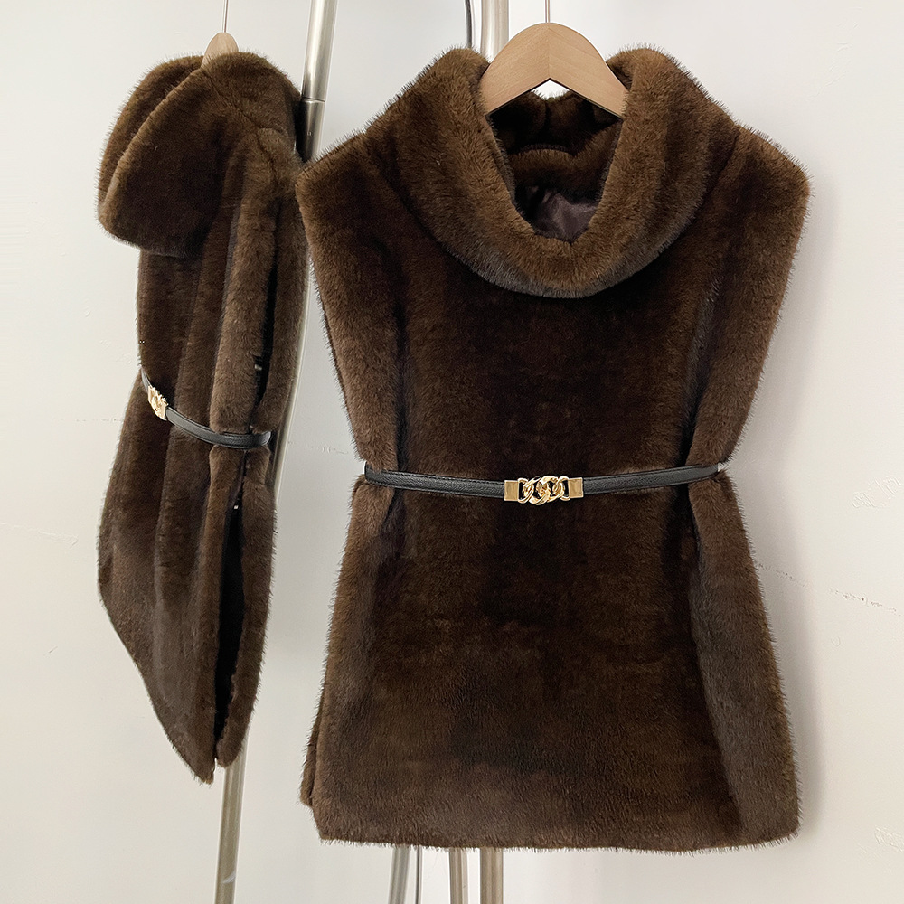 Hot-selling new autumn/winter faux mink fur vest for women, turtleneck, tie-up, slimming, eco-friendly fur coat