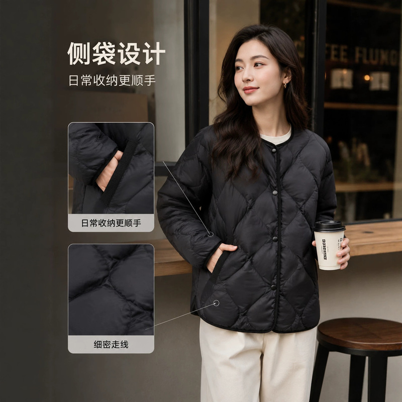 Autumn and winter lightweight round-neck quilted down jacket for women, short style for commuting and outdoor use, made with white duck down