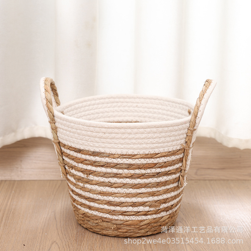 Spot cestas de almacenamiento de ropa sucia de doble oreja tejida de paja nórdica, macetas de plantas verdes, cestas decorativas, canastas de almacenamiento de artículos diversos para bocadillos de sala de estar