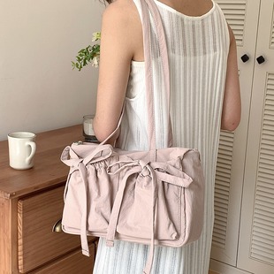 South Korea Nylon Tote Bag Large Capacity Women's Casual Shoulder Bag College Students Class Bow Early Eight Attendance Bag