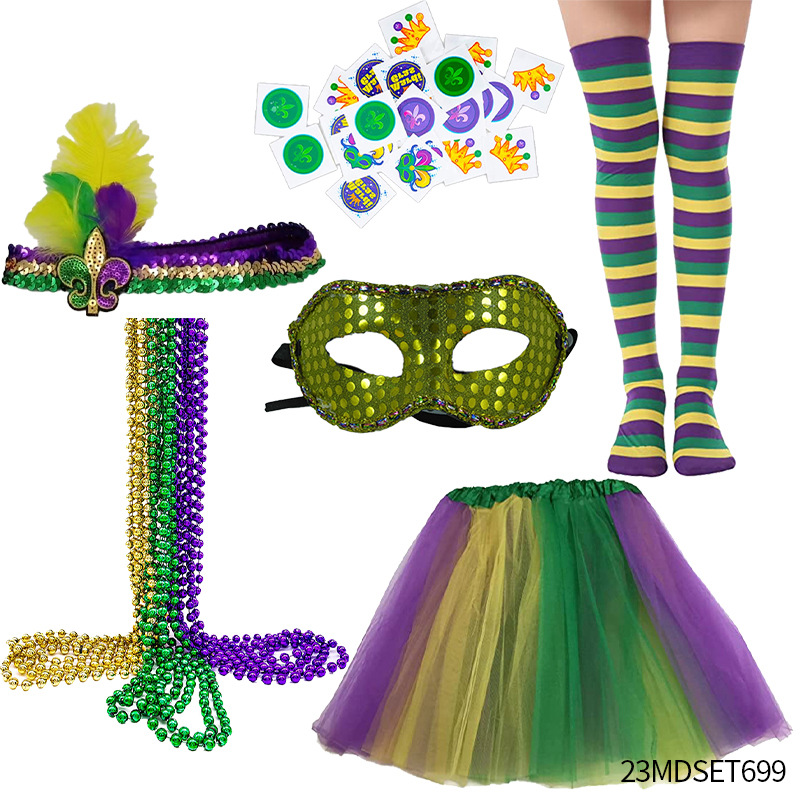 Accesorios para el Cabello de Carnaval de Mardi Gras, Máscara Tricolor, Corbata de Moño, Cadena de Cuentas Electrochapadas, Conjunto para Fiesta de Carnaval