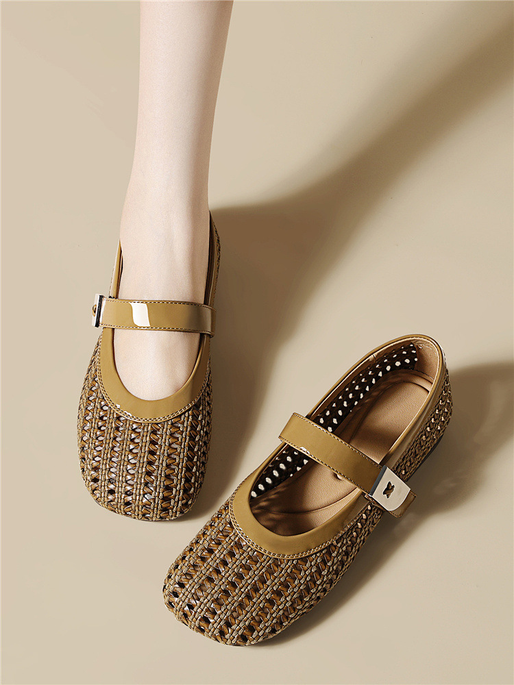Dép sandal nữ da thật dệt rỗng mũi tròn đế bệt quai chữ V — 6057 Màu cà phê, 6057 Màu be chi tiết 6