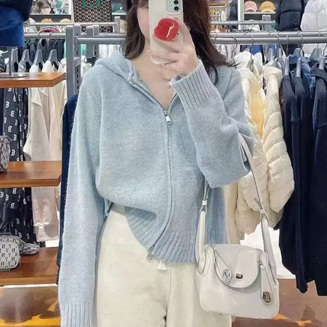 韩系连帽双拉链针织打底衫女士短款2024秋冬新款休闲毛衣开衫外套