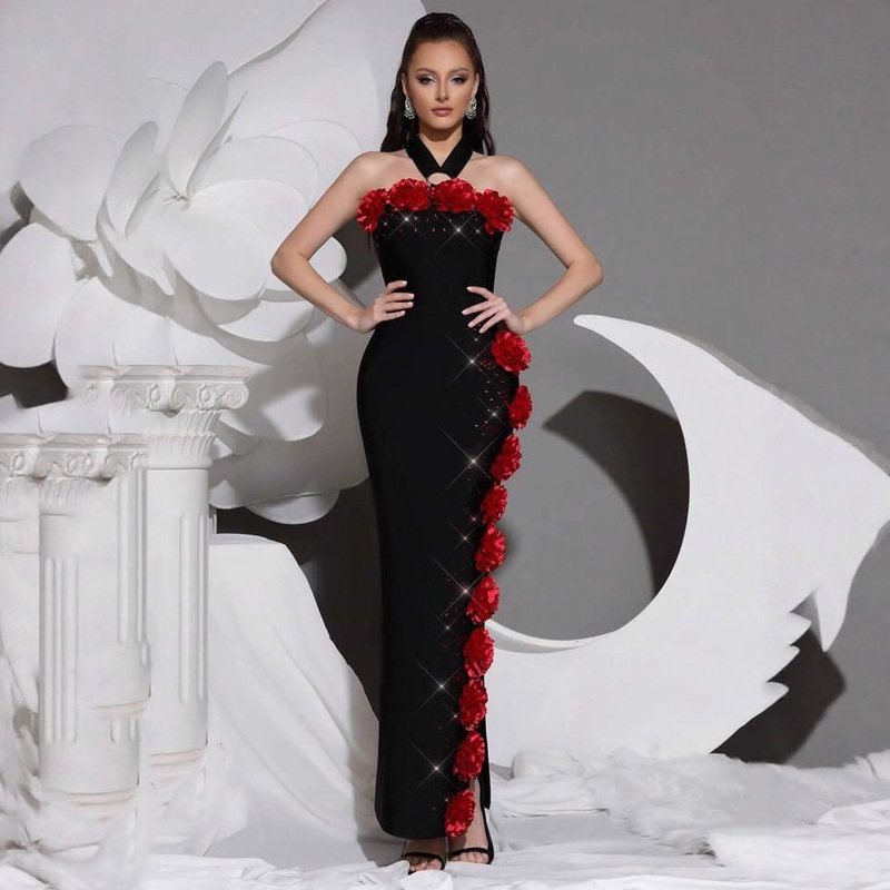 New Sexy Bandage Dress Flower One-Shoulder Women's Mid-Length Party Dress European and American Cross-Border African Fashion