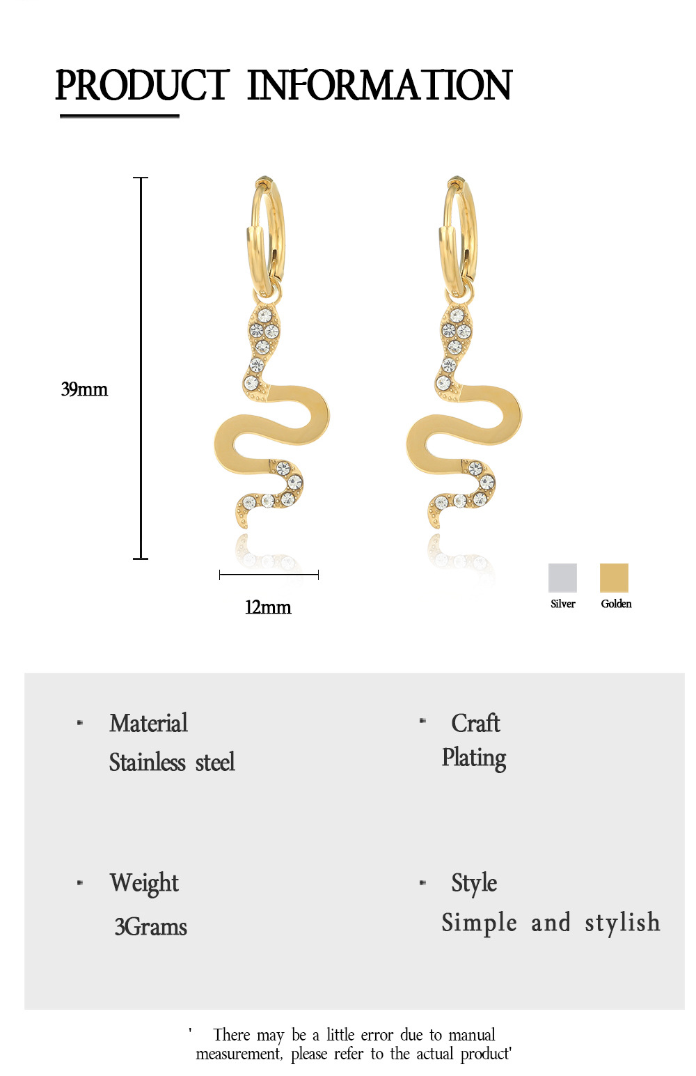 Einfacher Unregelmäßiger Goldener Schlangenförmiger Diamantohrring Aus Edelstahl display picture 1