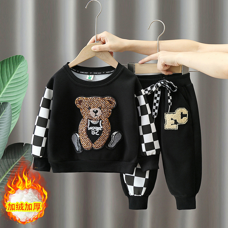 3992 Traje de primavera y otoño para niños, estilo occidental 2025, nuevo niño, otoño, rojo, suéter de oso, traje de dos piezas para niños