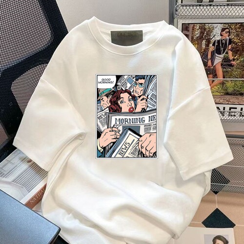 Men's Summer New Casual Trend Brand Loose Ins Simple Korean Style Student Base Shirt Printed Top