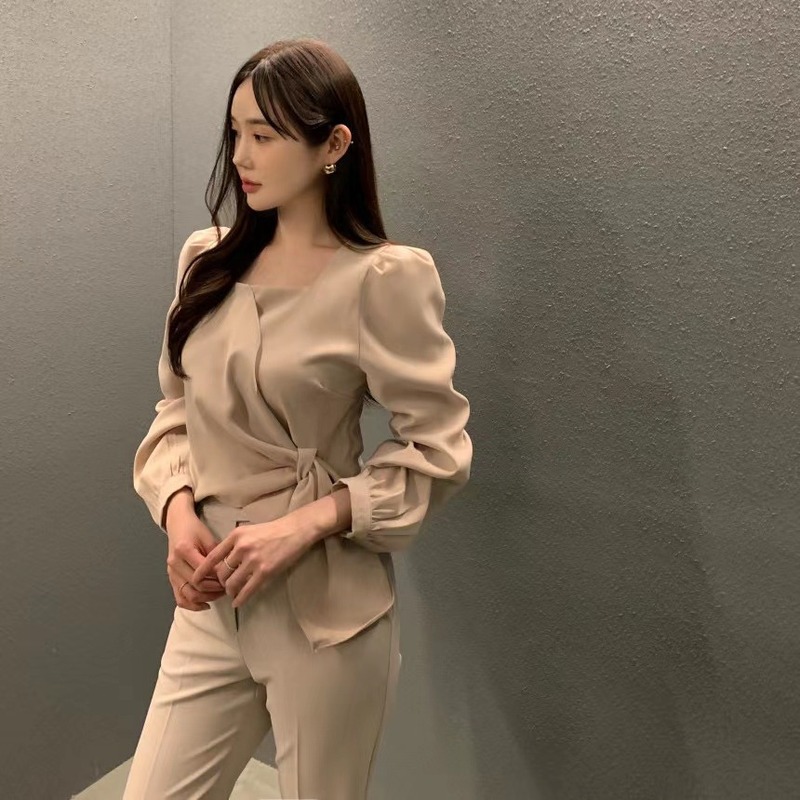 韩国chic秋季新款法式方领泡泡袖衬衫女收腰显瘦不规则设计上衣衫|undefined
